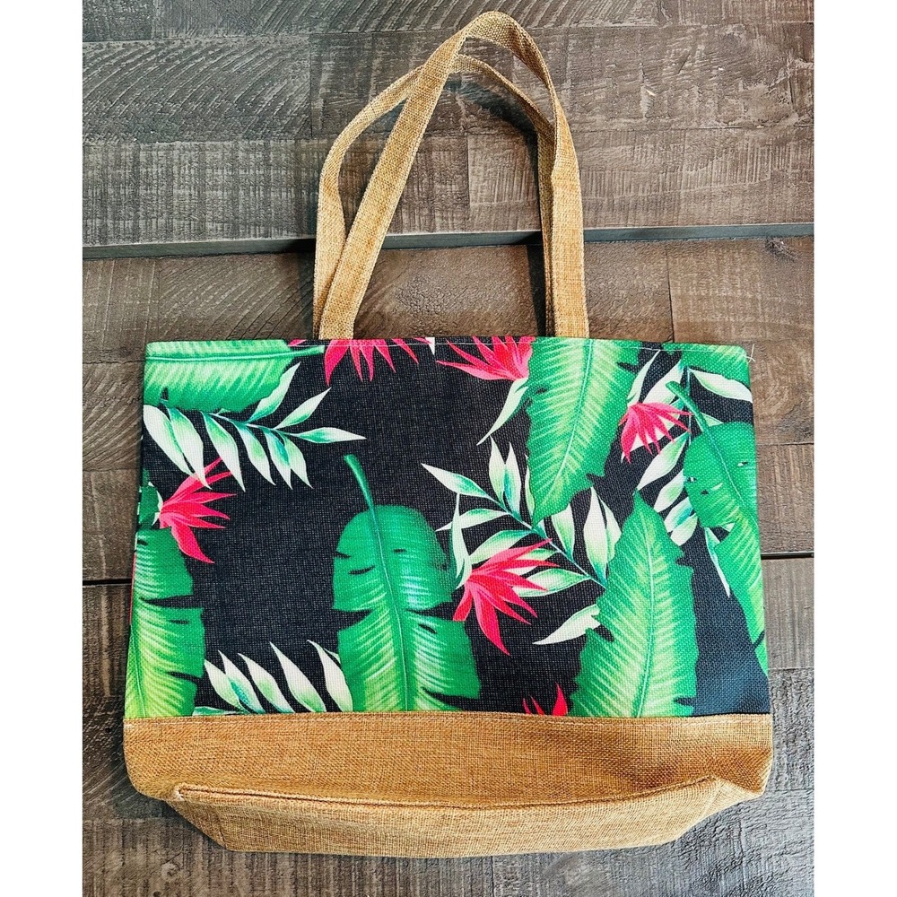 Tropical Shoulder Tote Bag Linen Bottom Black & Green Palm Frond Leaf NEW